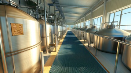 Obraz premium Interior View of Modern Industrial Brewery with Brewing Tanks