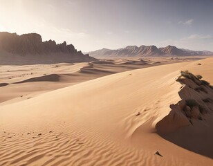 Sand dunes rising in the distance with a range of rocky hills , rugged beauty, sandy terrain