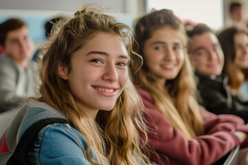 Obraz premium group of teenagers, students sitting together in the classroom. smiling group of friends at the university. AI Generated