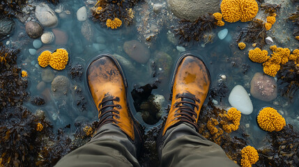 Top view of orange boots in a vibrant tide pool with rocks and marine life