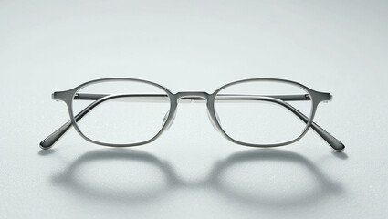 A modern pair of eyeglasses with thin frames, placed on a white background. 