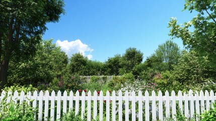 White picket fence surrounds vibrant flower garden, sunny day.