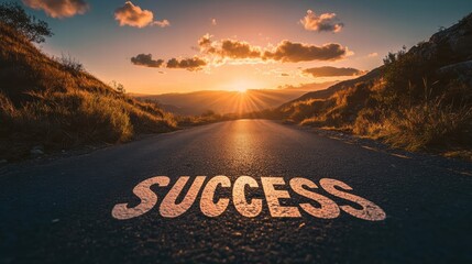 A low angle view of a road leading into the horizon, with the word "SUCCESS" boldly painted on the asphalt, surrounded by a breathtaking sunrise casting warm golden hues across a mountain landscape