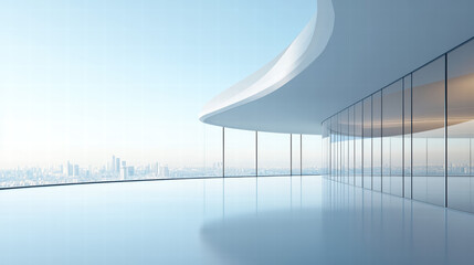 Modern architecture, a curved glass curtain wall, a light blue sky, a skyline in the distance, clean and transparent floor-to-ceiling windows