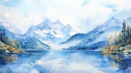 Serene watercolor landscape: mountains, lake, trees.