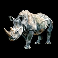 Obraz premium Watercolor Illustration of a White Rhinoceros Standing on a Black Background