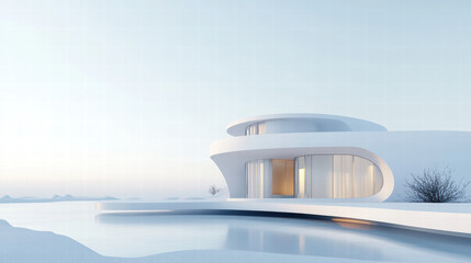 White minimalist design villa with a pool on the sea, curved shape, open roof terrace overlooking the ocean