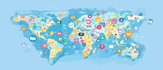 Fototapeta premium Global Social Media Network: World Map Illustrating Interconnected Digital Communication