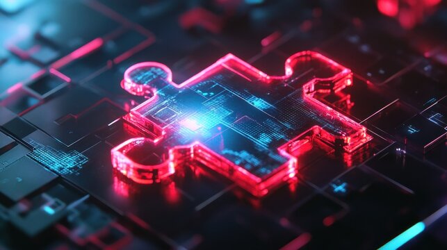 Puzzle piece icon with digital hologram effect, futuristic