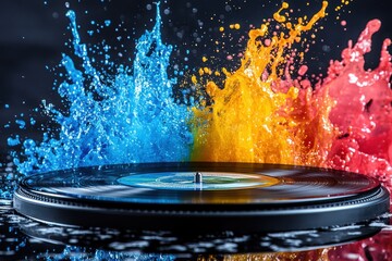 Vinyl record surrounded by vibrant color splashes creating an artistic visual display