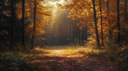 Obraz premium Sunlit autumn path through golden forest.