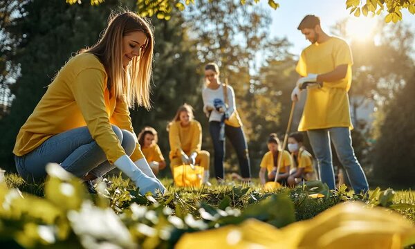 Volunteers in yellow shirts picking up litter in a park