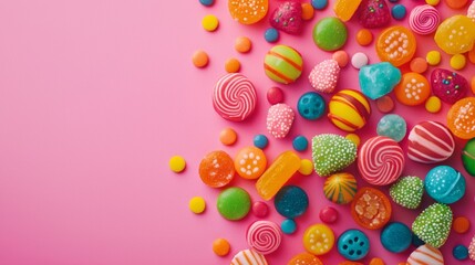 Fototapeta premium Assortment of colorful candies on a vibrant pink background