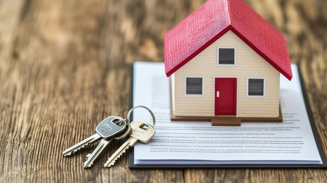 A miniature house model with keys placed on a document, symbolizing home ownership.