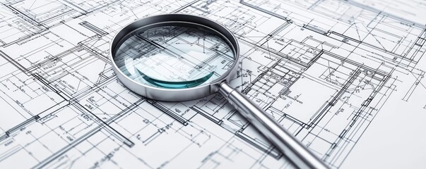 Magnifying glass resting on architectural blueprints for detailed examination.