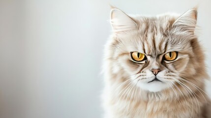 Obraz premium Close-up of a serious Persian cat with striking golden eyes and fluffy fur.