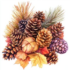 Fototapeta premium Autumn watercolor painting: pine cones, leaves, branches.