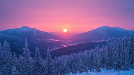 Obraz premium A serene winter landscape at sunset, with mountains and snow-covered trees.