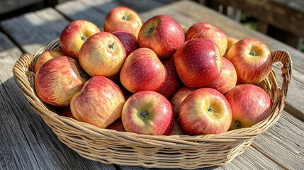 Freshly Harvested Red Apples in a Rustic Wicker Basket on Wooden Table in Sunlight