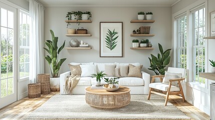 Cozy Modern Living Room with Natural Decor and Indoor Plants in Sunlit Space Featuring Wooden Furniture and Neutral Tones