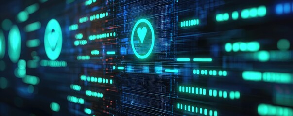 Obraz premium Futuristic digital interface with glowing icons and data streams for modern tech concepts.