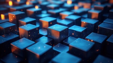 Obraz premium Abstract 3D rendering of dark blue metallic cubes with glowing particles.