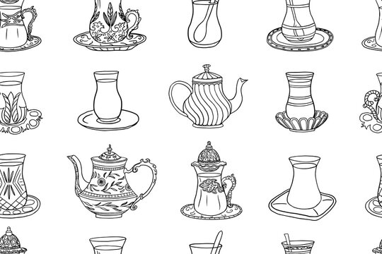 Seamless pattern of hand drawn Turkish tea theme elements. Turkish tea cups, spoons, saucers, teapots. Tulip shaped glasses. Turkish tea. Armuds. Hand drawn. Doodle style