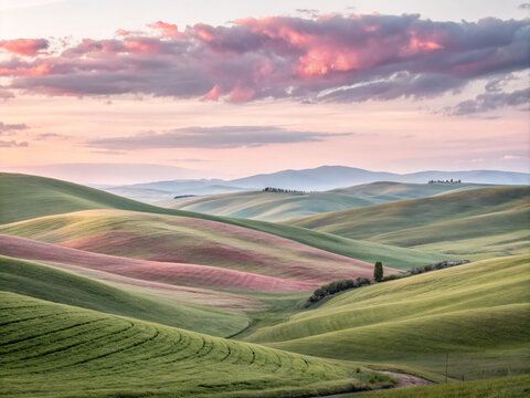 sunset over the hills. landscape, sky, nature, mountain, field, grass, clouds, meadow, mountains, green, summer, hill, hills, countryside, rural, cloud, agriculture, spring, valley, road, view, panora