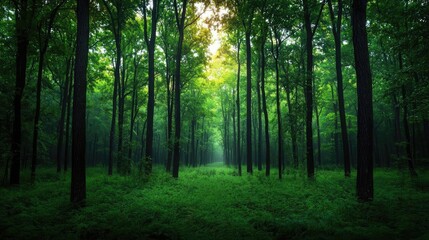 Obraz premium A tranquil forest scene with tall trees and lush greenery, embodying nature's serenity.