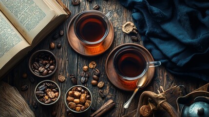 Cozy setup with coffee cups and beans on a wooden table