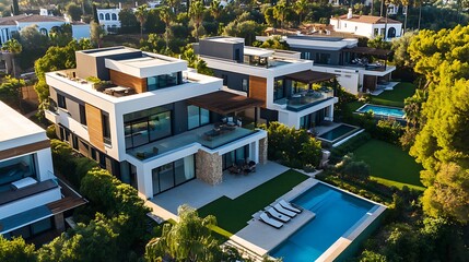 Fototapeta premium Modern villas by the pool coastal real estate aerial view