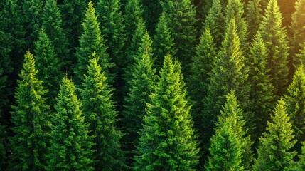 Obraz premium Aerial view of lush, vibrant green evergreen trees in a serene forest landscape.