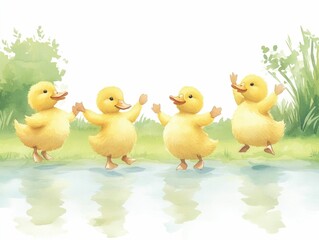 Naklejka premium Vibrant watercolor painting of a group of adorable baby ducklings waddling together along the edge of a crystal clear farm pond surrounded by lush greenery and peaceful water