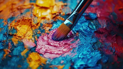 Obraz premium Close-up of paintbrush on colorful artist's palette with oil paints.