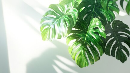 Obraz premium Lush green leaves casting shadows against a bright background.