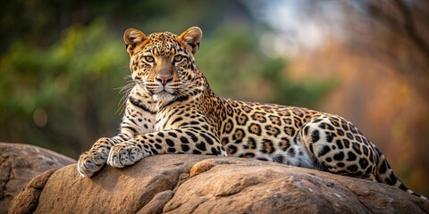 Naklejka premium Leopard laying on a boulder , wildlife, predator, nature, feline, relaxing, wildlife photography, wilderness, rock