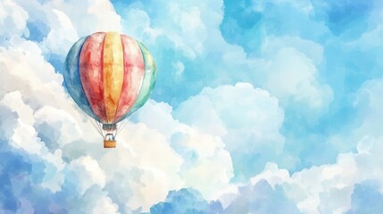 Fototapeta premium Colorful hot air balloon floats amidst fluffy clouds.