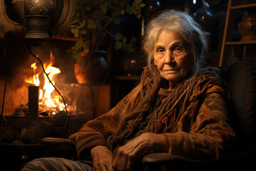 Obraz premium old gray-haired woman with flowers at home in an old apartment. 