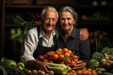 Portrait of an elderly couple in the garden with a harvest of vegetables,. 