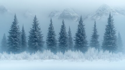 Obraz premium A serene winter landscape featuring tall evergreen trees shrouded in fog.