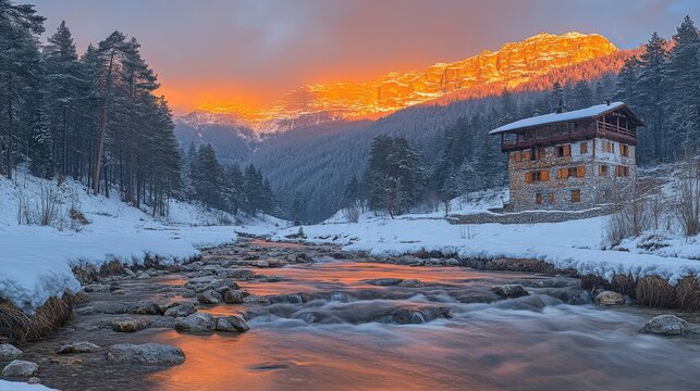 A serene winter landscape with a river, snowy mountains, and a quaint cabin at sunset.