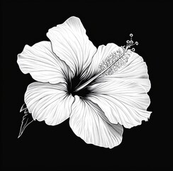 Fototapeta premium Monochrome hibiscus flower illustration, detailed petals and stamens.
