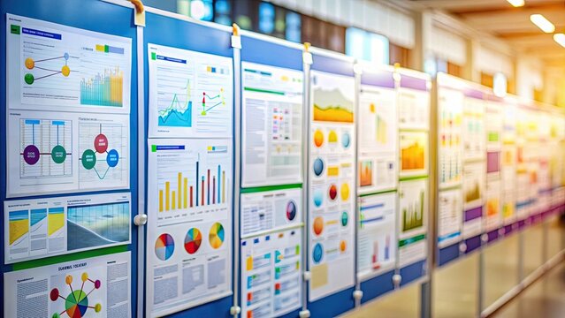 Distant blur of colorful posters and diagrams highlighting scientific concepts, blur, colorful, posters, diagrams