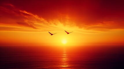 Obraz premium Two birds fly over ocean at fiery sunset.