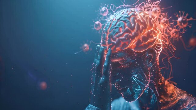 Neurological Sequelae of COVID-19: The Cognitive Impairment and Fatigue - Visualize a person with a highlighted brain affected by COVID-19, experiencing cognitive impairment and fatigue