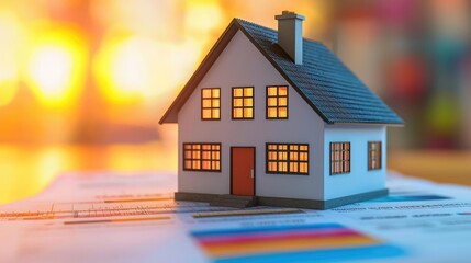 A miniature house model on colorful documents, symbolizing home ownership and real estate.
