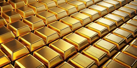 Fototapeta premium Diagonal rows of gold bars in , gold, bars, wealth, finance, investment, savings, luxury,shiny, precious, metal, background