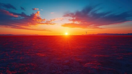 Obraz premium Breathtaking Sunset Over Expansive Desert Landscape with Vivid Colors and Silhouetted Wind Turbines in the Distance, Perfect for Nature and Outdoor Themes