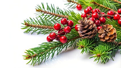 Obraz premium Pine branch with red berries and cones isolated on background, pine, branch, red berries, cones, isolated,background