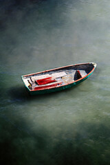 Wooden boat on a lake with blood.